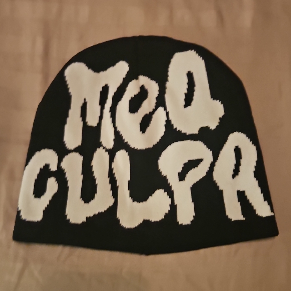 Black and White Beanie with Bold Text